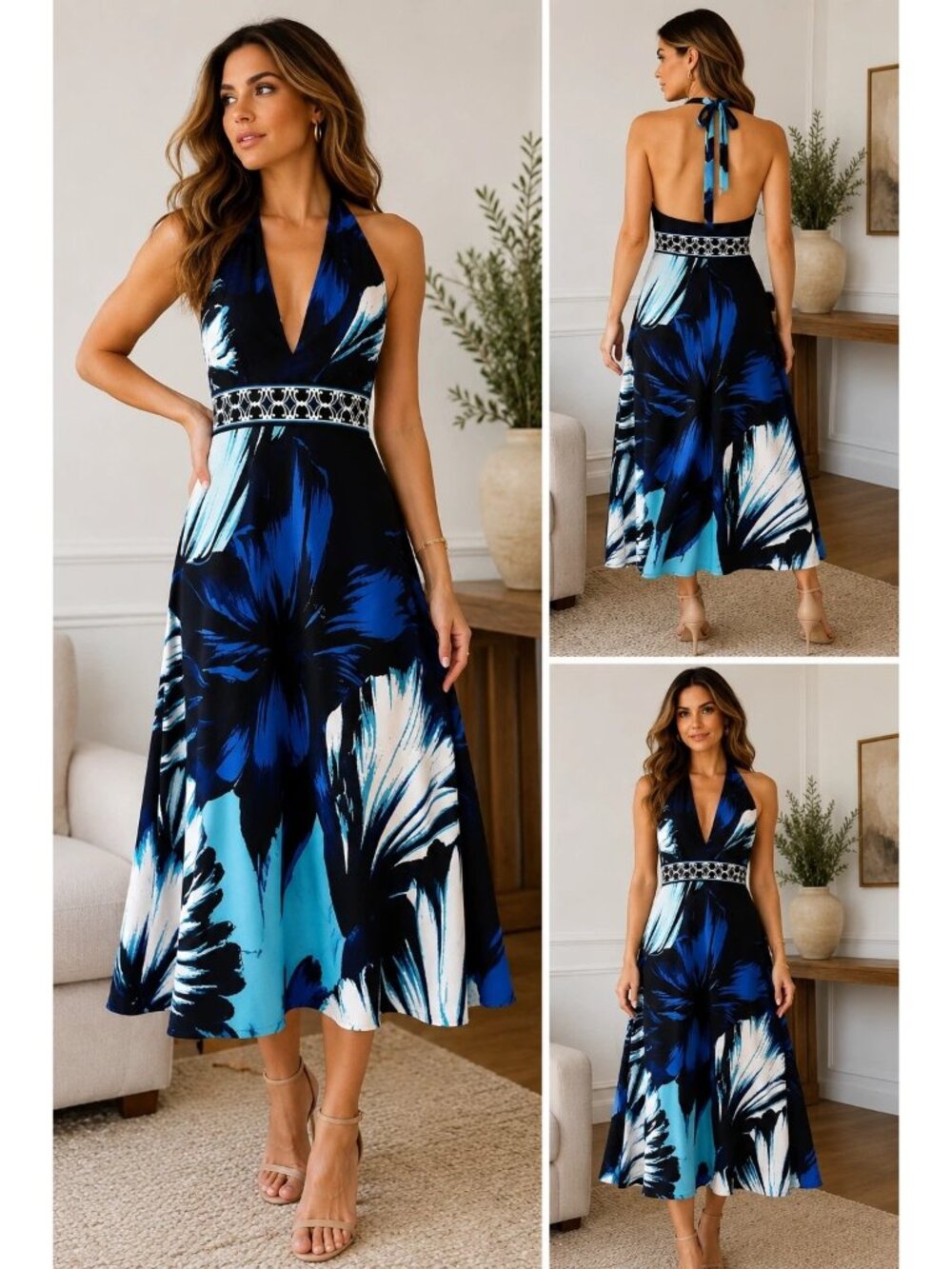 White House Black Market Dress Size Medium Blue Floral print Halter V Neck